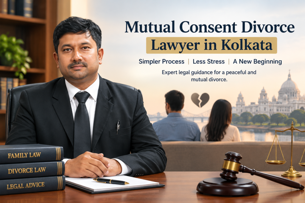 Contested divorce lawyer in Kolkata reviewing evidence before a Family Court hearing
